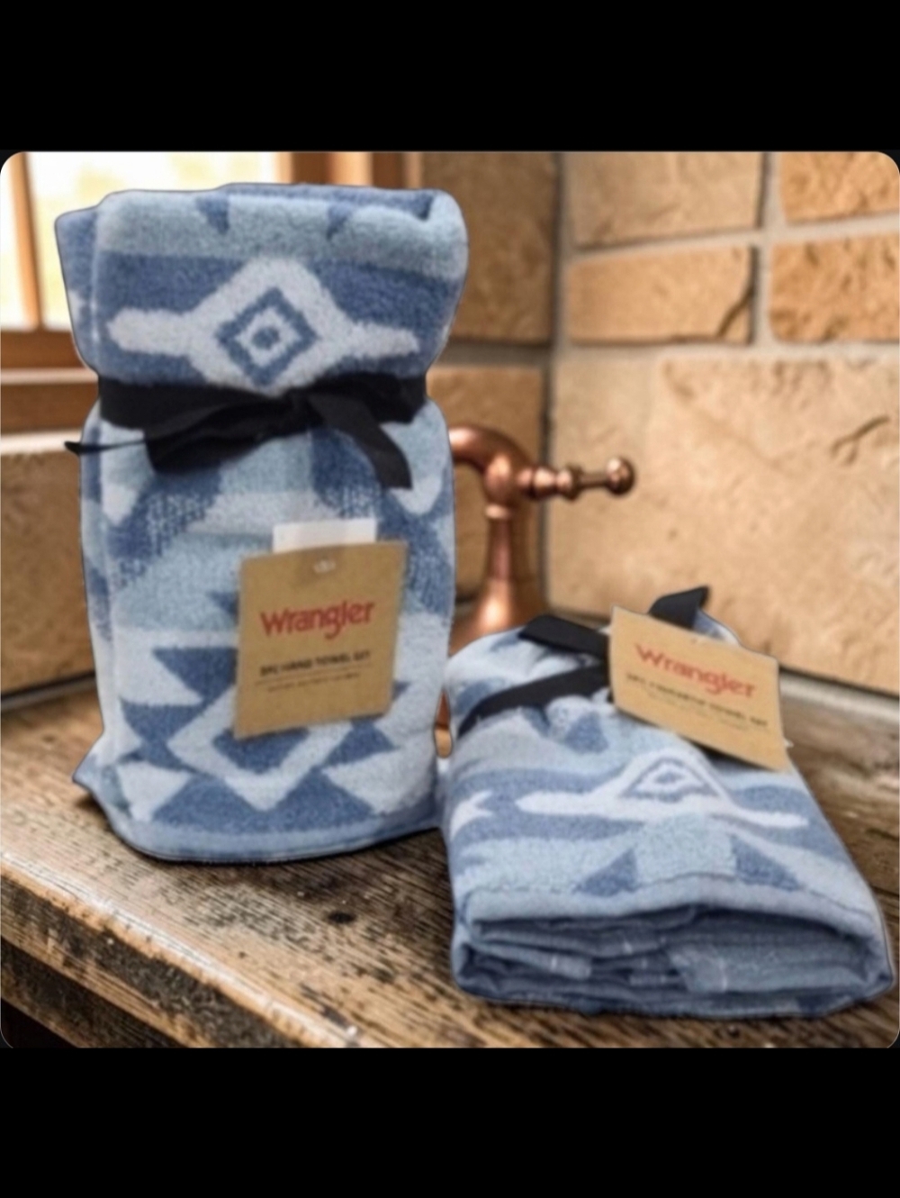 4pc Wrangler Hand & Tip Towels Blue Aztec Super Soft Western Ranch Cowboy NEW